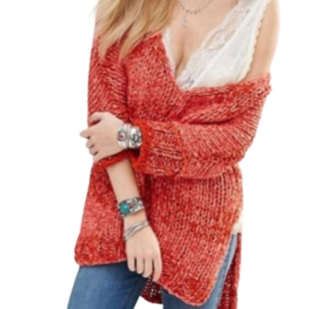 Free People Burnt Orange Chunky Knit Oversized Deep V Neck Tunic Sweater